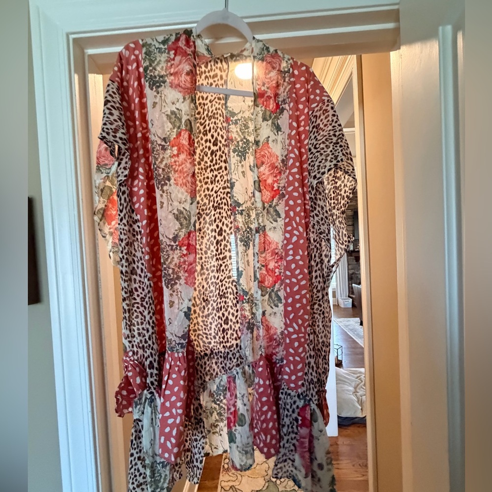 Umgee Multi-Print Floral & Leopard Kimono Jacket in Rust, Pink, Cream